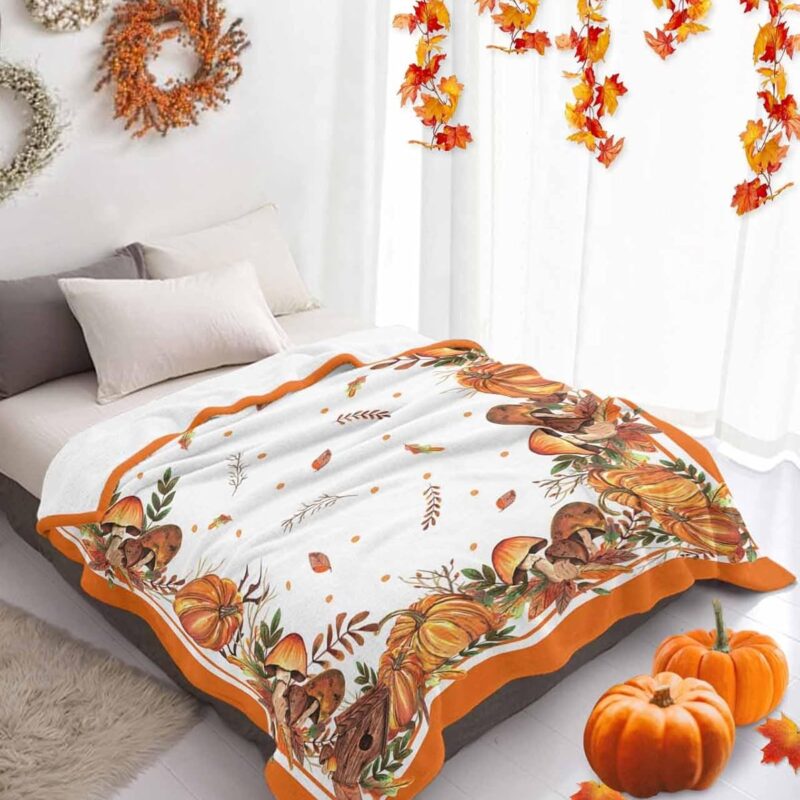 Thanksgiving Pumpkin Fall Maple Leaf Watercolor Throw Blanket Warm Cozy Blankets,Lightweight Soft Blanket for Couch Sofa Bed Outdoor, Mushrooms Barn Berry Blankets for Women Girls Boys Travel 60x80in