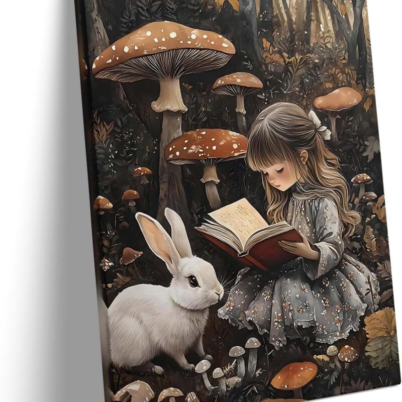 Easter Canvas Wall Art, Enchanted Forest with Rabbit Pictures Print Framed Art, Vintage Bunny Springtime Mushroom Print Holidays Oil Painting for Nursery Farmhouse Bathroom 24x30inch