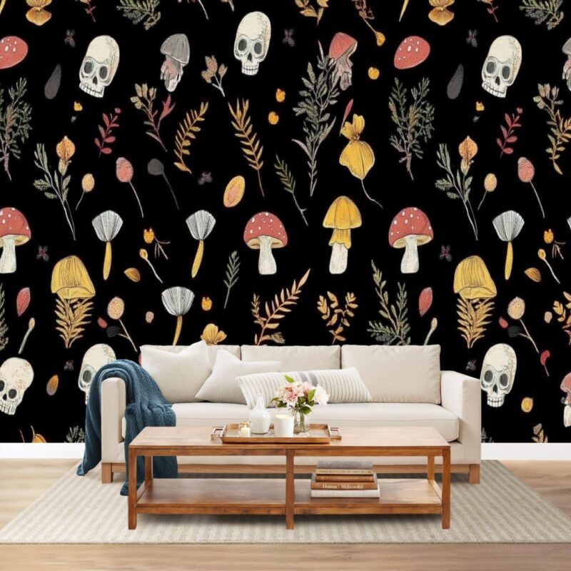 Wall Mural Pattern Dark Horror Human Skull Mushroom Mystical Mouth Seamless Print Self-Adhesive Peel & Stick Wallpaper Removable Canvas Wall Sticker Decor for Bedroom Living Room Bathroom 100"x144"