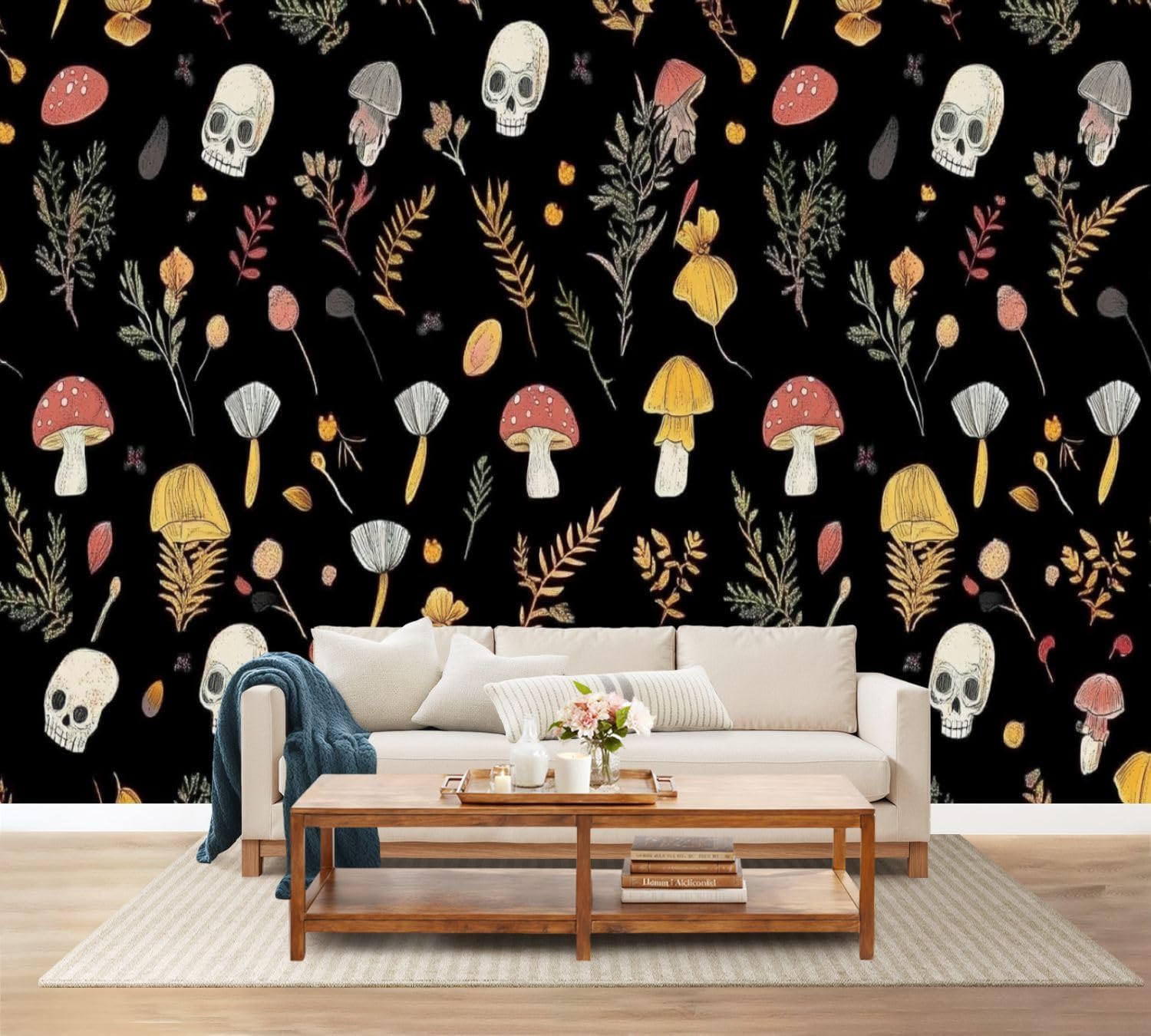 71jqB9g4LYL._AC_SL1500_.jpg Wall Mural Pattern Dark Horror Human Skull Mushroom Mystical Mouth Seamless Print Self-Adhesive Peel & Stick Wallpaper Removable Canvas Wall Sticker Decor for Bedroom Living Room Bathroom 100"x144"