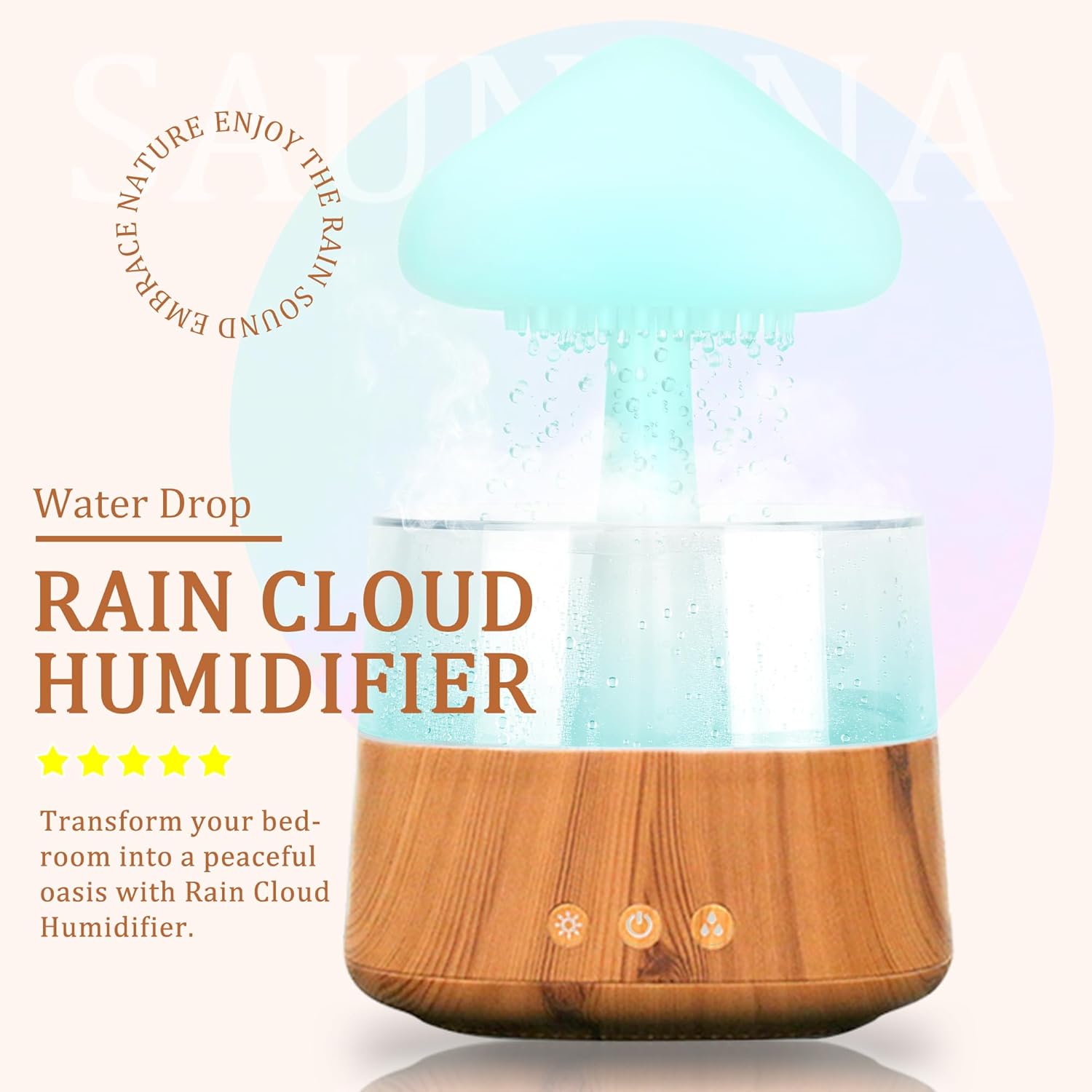 71jsYIMxmwL._AC_SL1500_.jpg Rain Cloud Humidifier Water Drip with Adjustable LED Lights White Noise Humidification Desk Fountain Bedside Sleeping Relaxing Mood (Wood) - Image 2