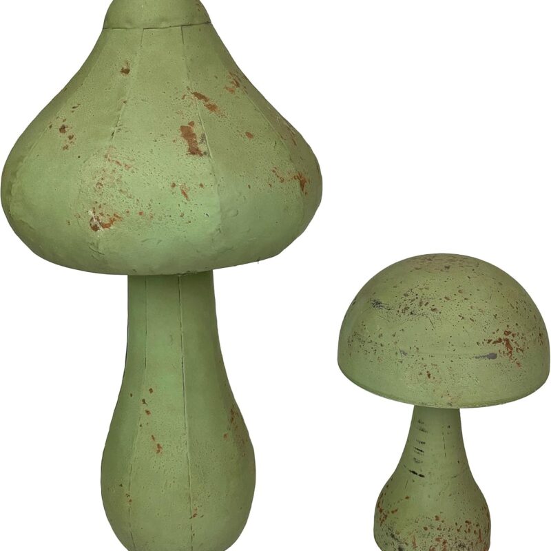 Set of 2 Green Metal Mushrooms, Indoor Outdoor Garden Decor, 9” & 16” Tall, Rustic Farmhouse Style Yard Ornaments, Whimsical Patio Sculpture, Decorative Art Accents