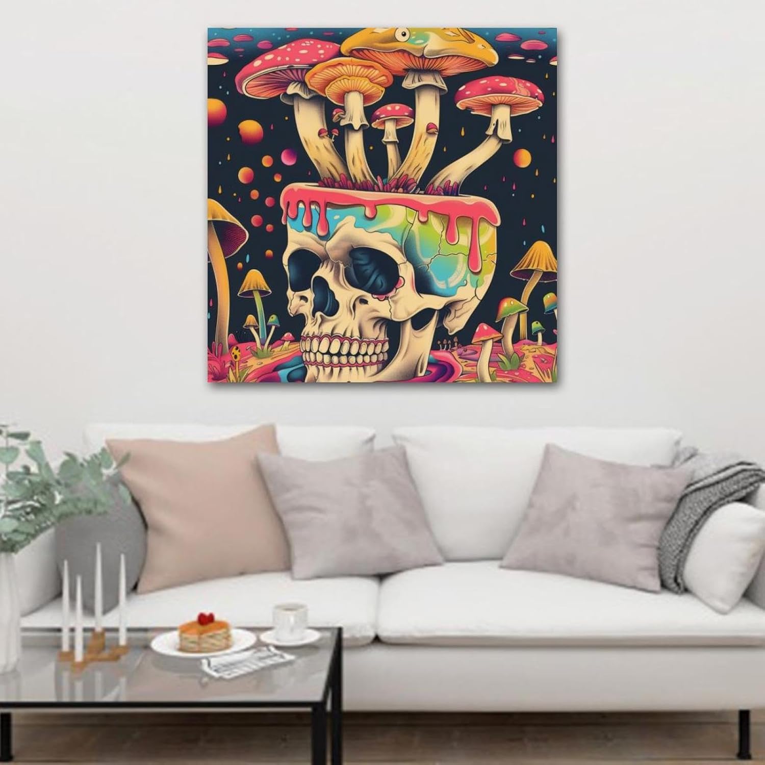 71k7b0ZgQML._AC_SL1500_.jpg Framed Canvas Wall Art Mystical Skull Mushrooms Oil Painting Artwork Picture Posters Wall Decor for Living Room Bedroom Bathroom Office Home Decoration 24x24 in - Image 4