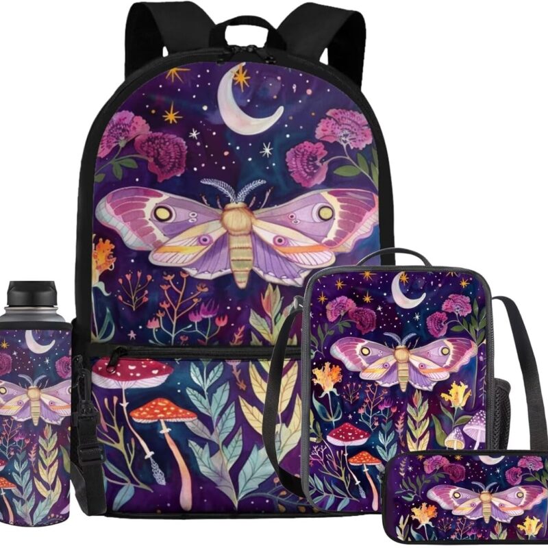 Uourmeti Purple Mushroom Butterfly Backpack for Kids 8-12 Girls Middle School Backpack Purse Heavy Duty Bookbags with Lunch Box Set Pencil Case Pouch Kindergarten Elementary School Supplies