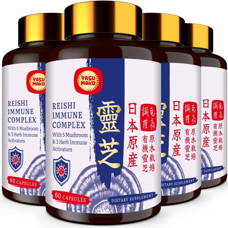 Japanese Reishi Mushroom Complex Supplement 1500mg - Reishi,Chaga,Cordyceps,Lion's Mane,Maitake,Agaricus Mushrooms Extract & 3 Herb,Organic Mushroom Capsules for Immune,Brain,Energy (Pack of 4)