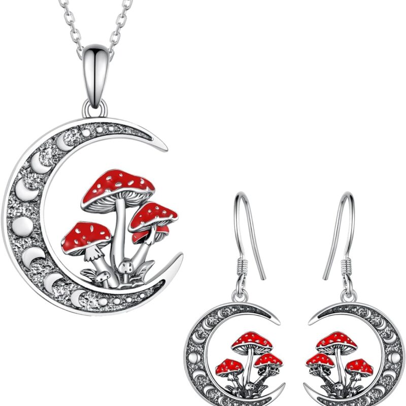 Moon Mushroom Necklace and Earrings,925 Sterling Silver Magical Red Mushroom Pendant Moon Phase Jewelry Set,Christmas Birthday Gifts for Women