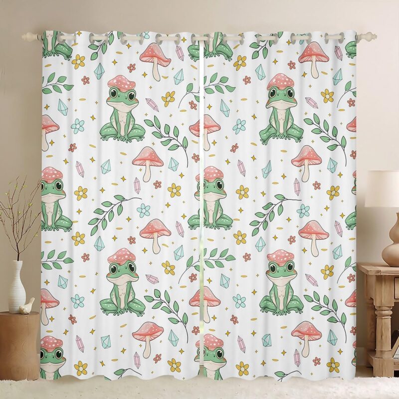 Erosebridal Green Frog and Pink Mushroom Window Curtains Kawaii Tree Frog Blackout Curtains Cute Animals Farmhouse Window Treatments for Living Room Decor 2 Panels 52W x96 L