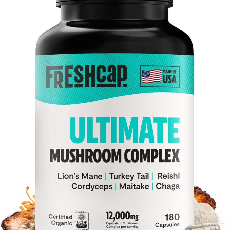 FreshCap Ultimate Mushroom Supplement 12,000mg - Nootropic Mushroom Complex Capsules, Organic Mushroom Immune Support, Brain Supplements for Memory and Focus, Ayurveda Nootropic (180 Capsules)
