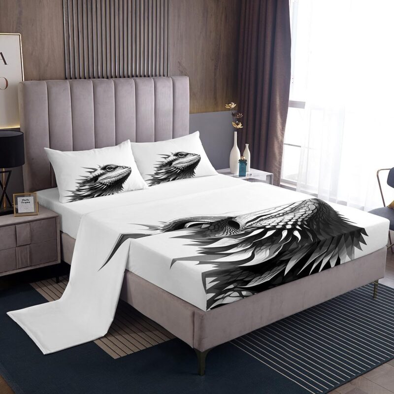 Erosebridal Lizard Bed Sheets Set Cartoon Wildlife Sheets Queen Size Bed Set,Minimalist Sketch Sheet Set,Abstract Art Bedding Set Wild Animals Cute Room Decor