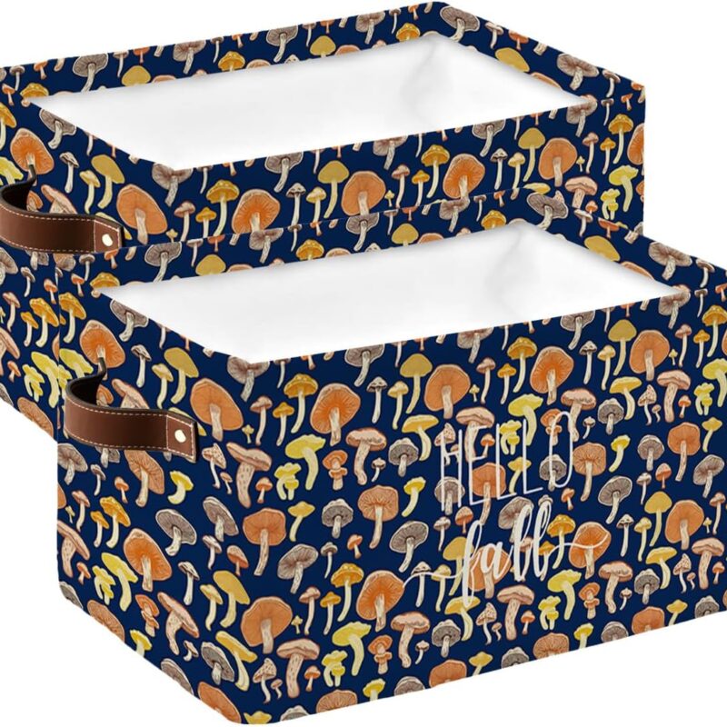 Storage Bins for Organizing, HELLO FALL Vintage Orange and Yellow Mushrooms Blue Decorative Large Closet Organizers with Handles Cubes - 2 Pack Fabric Baskets for Shelves, Closets, Laundry, Nursery
