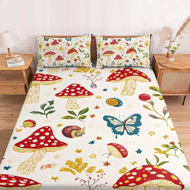 Farm Natural Mushroom Plant Fitted Bed Sheet Set for King Size Fits Mattress Upto 16Inch,Butterfly Flower Leaves Star Soft Microfiber Deep Pocket Bedsheet with 2 Pillow Shams Hotel/Bedroom Decor