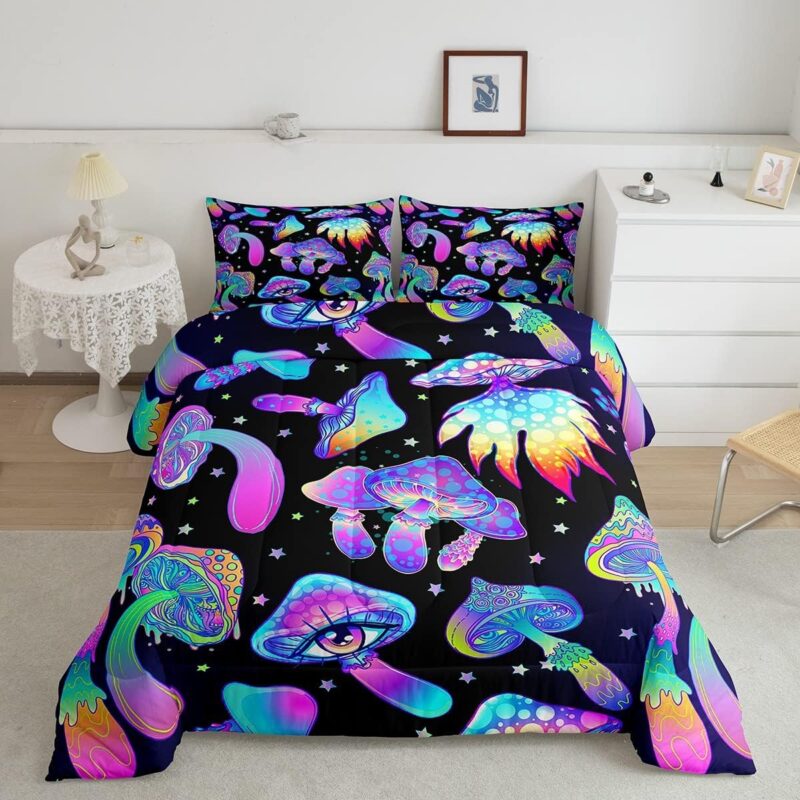 Mushroom Comforter Set Full,Kawaii Trippy Botanical Bedding Set Psychedelic Plant Down Comforter For Kids Girls Teens Women Cartoon Cute Mushroom Room Decor Quilt Duvet Set With 2 Pillow Cases Black