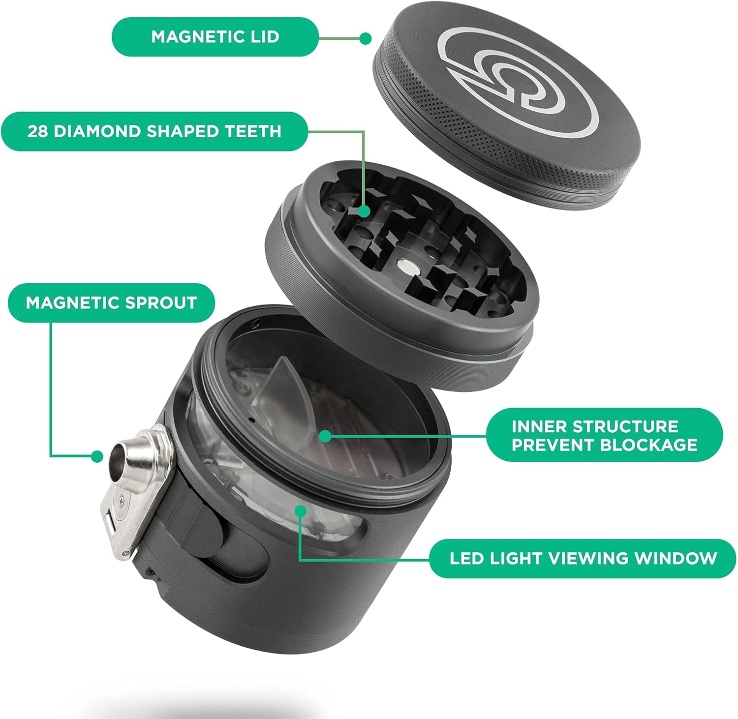 71nH-Sr-sL._AC_SL1500_.jpg Tectonic9 Herb Grinder Automatic Electric Herbal Spice Dispenser Large 2.5" Aluminum Alloy (Grey), For Home & Kitchen Only - Image 4