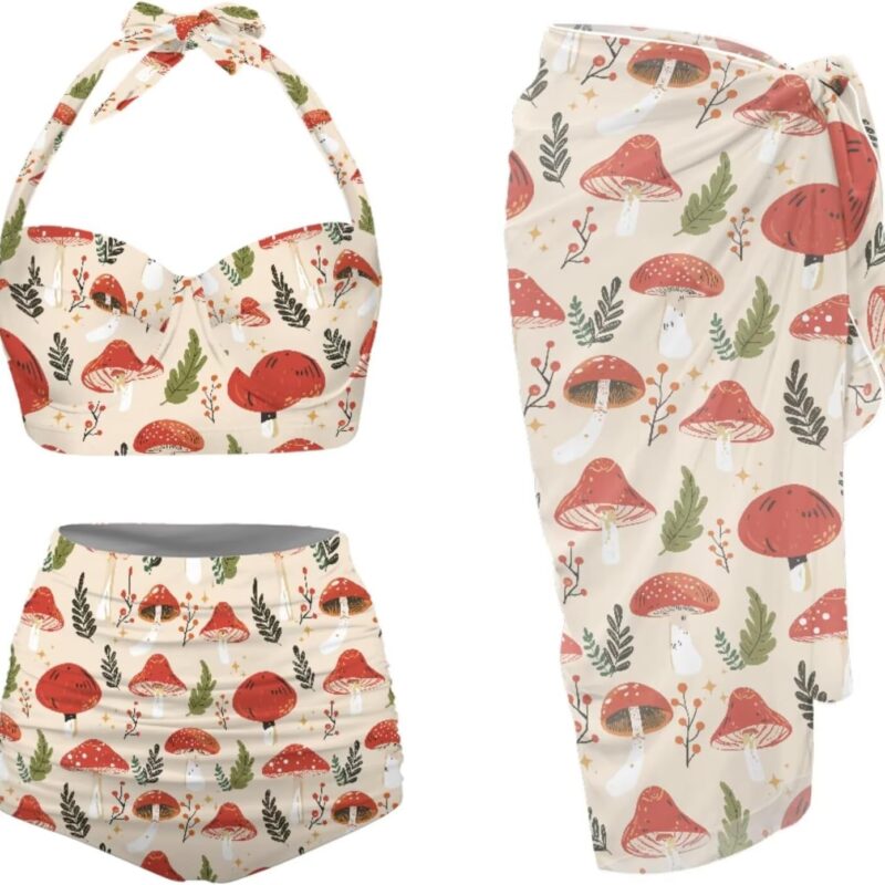 Womens Three Piece Bikini Sets with Matching Wrap Skirt Trendy Printed Swimsuit Bathing Suit with Chiffon Cover Ups