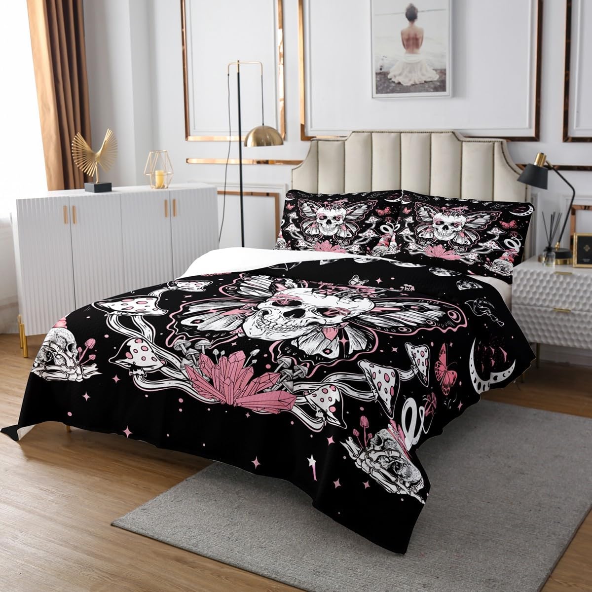 71nsgx0q5HL._AC_SL1200_.jpg Erosebridal Gothic Skull Bedspread Set King for King Bed Hippie Butterfly Quilt Set for Girls, Trippy Mushroom Coverlet Set Black White Pink Bedding Set, Horror Death Skeleton Bed Cover Breathable - Image 3