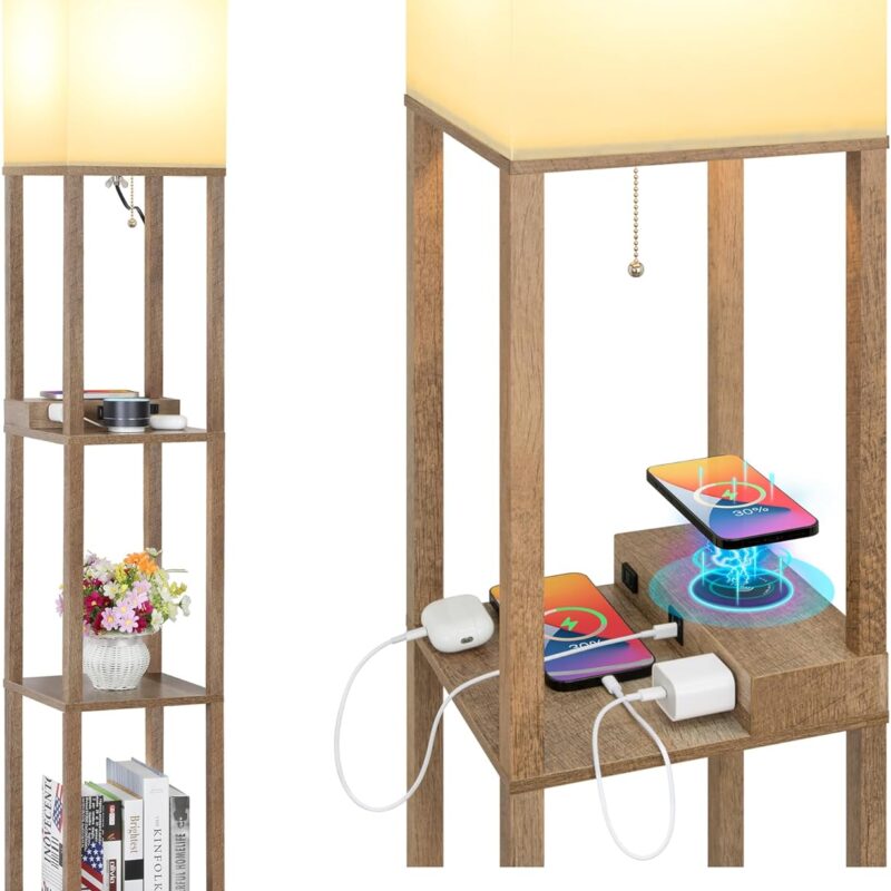 Mlambert Modern Shelf Floor Lamp with Wireless Charger & Fast Charging USB Ports & Type C Port & 2 Power Outlets,3 Tier Storage Lamp for Bedroom(Wood)