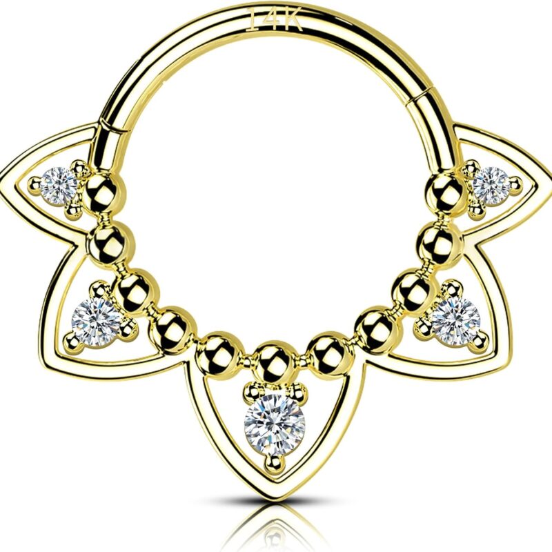 OUFER Gold Daith Piercing Jewelry, 16G Clear CZ Design Daith Earrings, 14K Solid Gold Daith Hoop Earring, Helix Cartilage Septum Piercing Jewelry