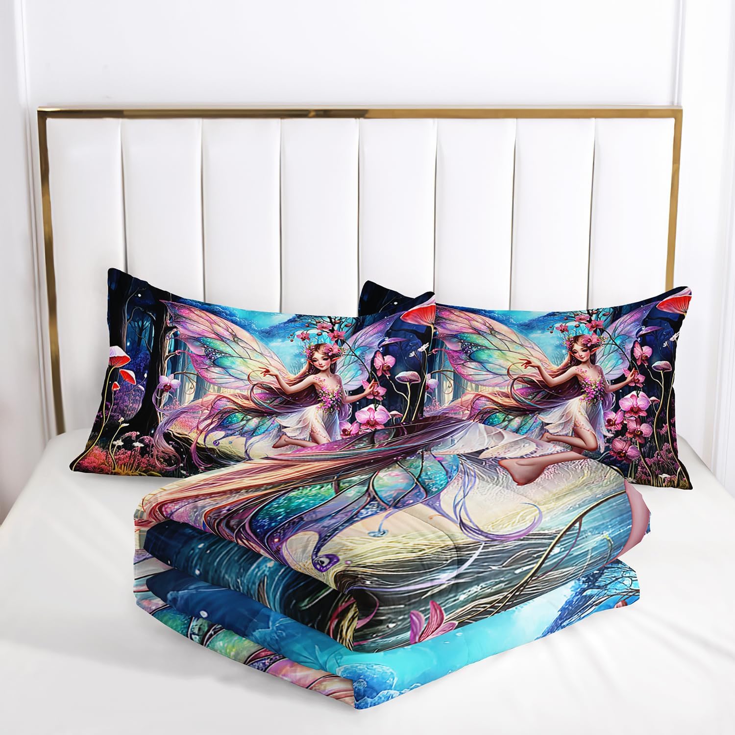71oK5MehuTL._AC_SL1500_.jpg AILONEN Beautiful Butterfly Fairy Comforter Set,Magic Mushroom Duvet Set Full Size, Mysterious Fairy Forest Theme Bedding Set Perfect for Kids Girls Bedroom,1 Quilt + 2 Pillow Case - Image 5