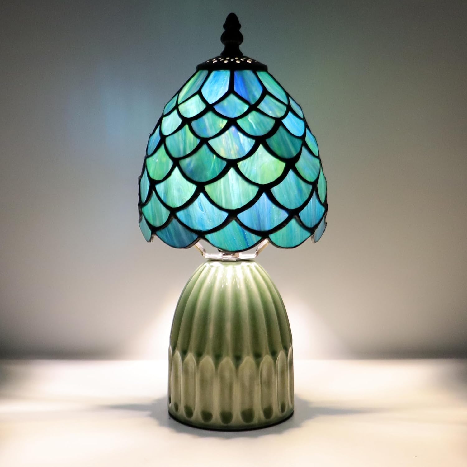 71oN60Lh2sL._AC_SL1500_.jpg Small Tiffany Mushroom Table Lamp Stained Glass Desk Lamp Ceramic Base Antique Accent Lamp 6X6X12.5 Inch(Sea Blue Fish Scale) - Image 6