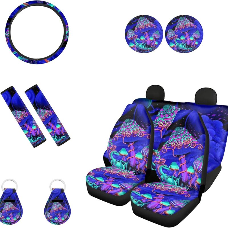 Biyejit Mushroom Print Car Seat Covers and Steering Wheel Cover Full Set with Seat Belt Cover+Keychains+Automotive Cup Holders Universal Fit Car SUV Truck Sedan