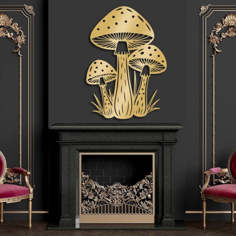 Idadey Metal Mushroom Wall Art, Mushroom Wall Decor, Hanging Mushroom Decor, Mushroom Wall Art, Nature Wall Art, Nature Decor, Mushroom Bathroom Decor, Mushroom Kitchen Decor (Gold, 24"x17"|60x43cm)