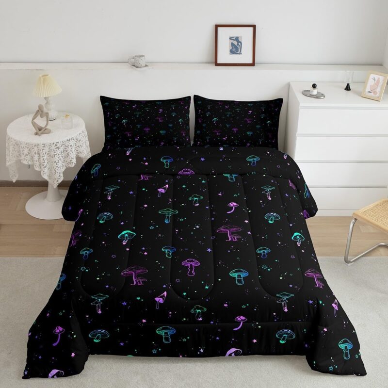 Neon Mushroom Comforter Set Queen Size,Colorful Mushroom Bedding Set 3pcs for Kids Girls Teens Room Decor Glowing Starry Galaxy Quilted Duvet Tripppy Botanical Duvet Insert Black,2 Pillowcases