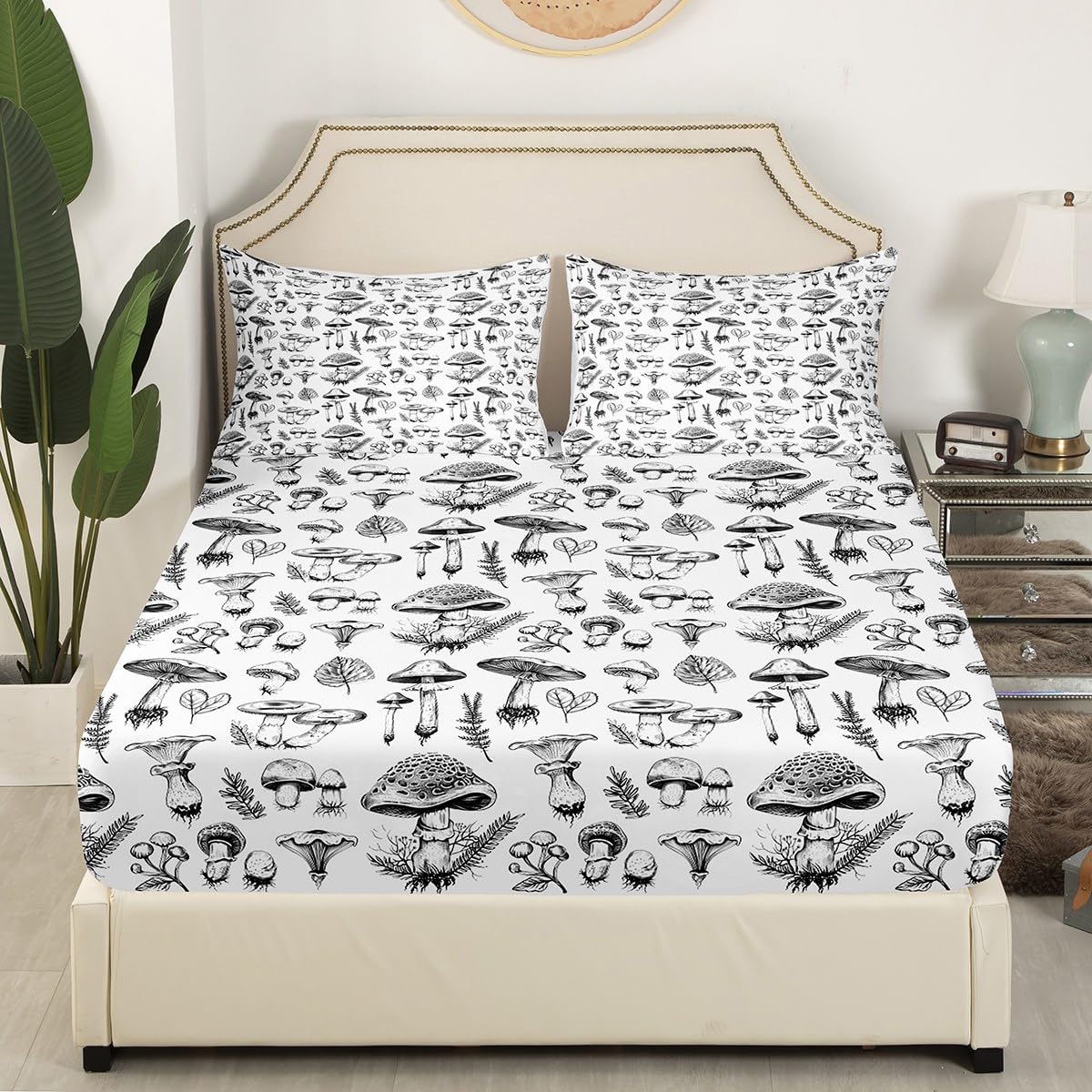 71otPFrzKVL._AC_SL1200_.jpg Mushroom Kids Sheet Queen Size,Abstract Hand Drawn Sketch Rustic Bedding Set,Boys Girls Room Decor,Botanical Plants Weed Flowers Black White Retro Bed Sheet Set 4pcs(Fitted + Flat + 2 Pillowcases) - Image 3