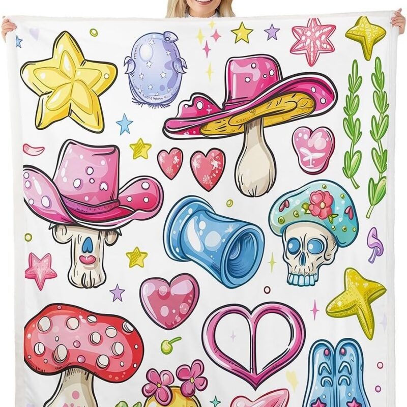 Cute Mushroom Sherpa Blanket Love Heart Stars Cartoon Flannel Fleece Throw Blanket for Sofa Couch Cowgirl Hat Ultra Soft Bed Blanket Pink Blue White Blanket 90"x90"