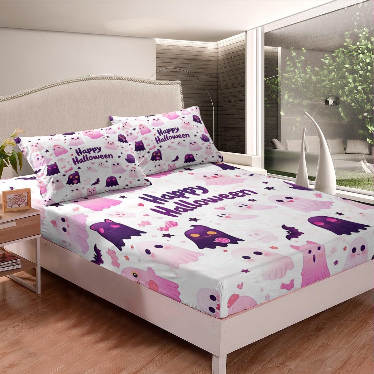 71pTjtZv0OL._AC_SL1200_.jpg Erosebridal Kawaii Halloween Kids Bed Sheets Queen Pink Purple Cute Ghost Bedding Sheets Cartoon Spooky Halloween Fitted Sheet for Girls Women Halloween Candy Bats Sheets Stars Hearts Decor - Image 3