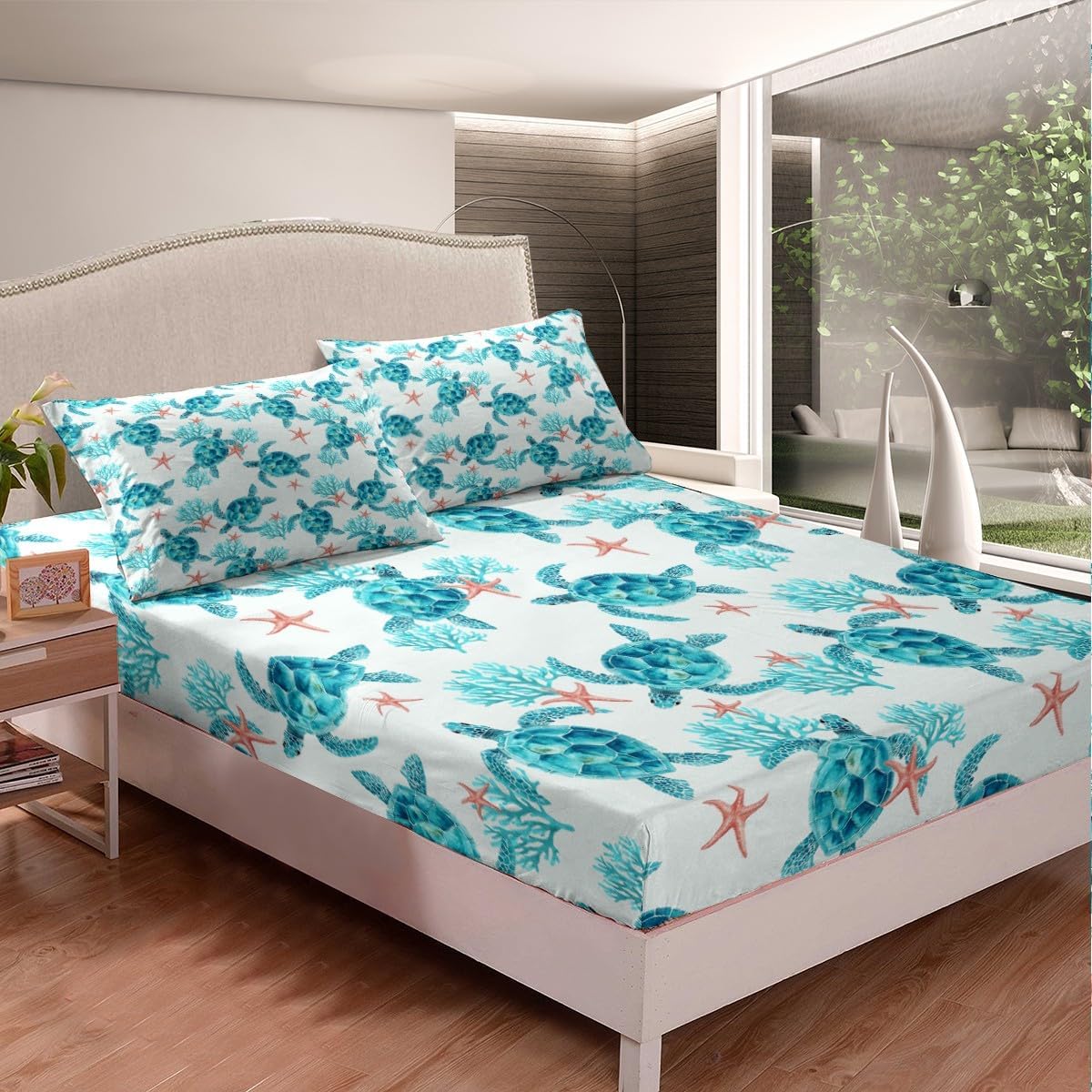 71pkkZXtqWL._AC_SL1200_.jpg Erosebridal Sea Turtle Bed Sheets King Size,Green Tortoise Coastal Bedding Set for Kids Boys Girls Bedroom,Ocean Animal Sheet Set Coral Starfish Sealife 1 Fitted Sheet 1 Flat Sheet 2 Pillow Cases - Image 4