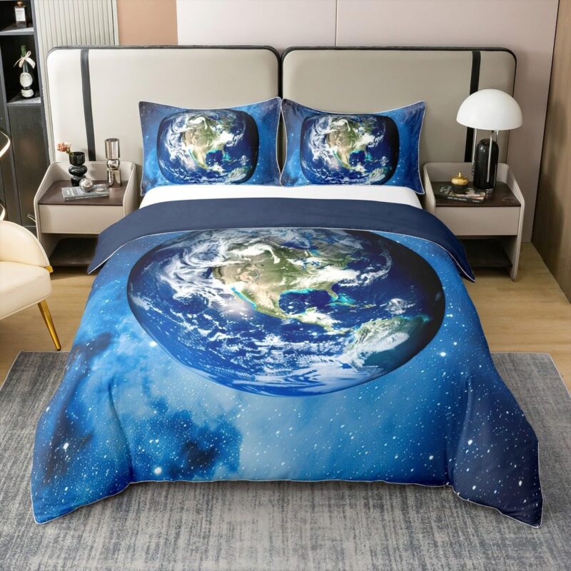 Feelyou Earth Print Bedding Set Full Size Outer Space Comforter Cover Setative Galaxy 100% Cotton Duvet Cover Universe Planets Bedspread Cover 3Pcs Space Print Bedclothes,No Comforter