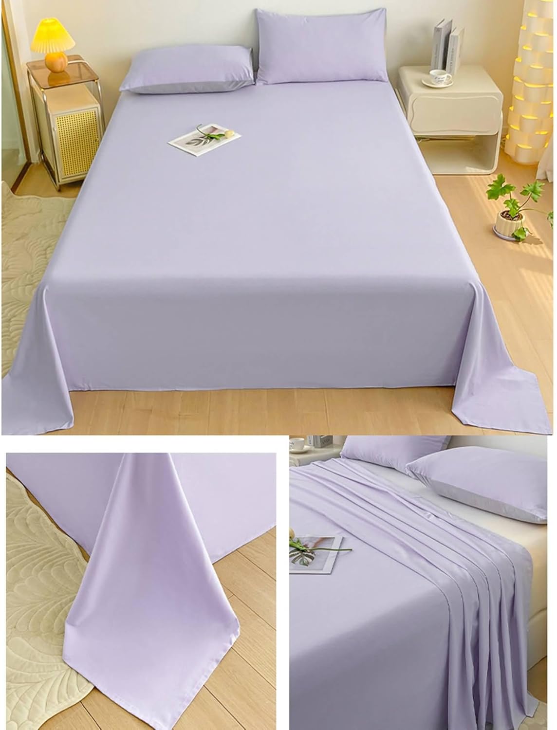 71qJ-uZuc9L._AC_SL1500_.jpg Flat Bed Sheet, Cotton Purple Flat Sheets, Soft & Breathable - Wrinkle-Free - Easy Care, with 2Pcs Pillowcases, 245x265cm - Image 2