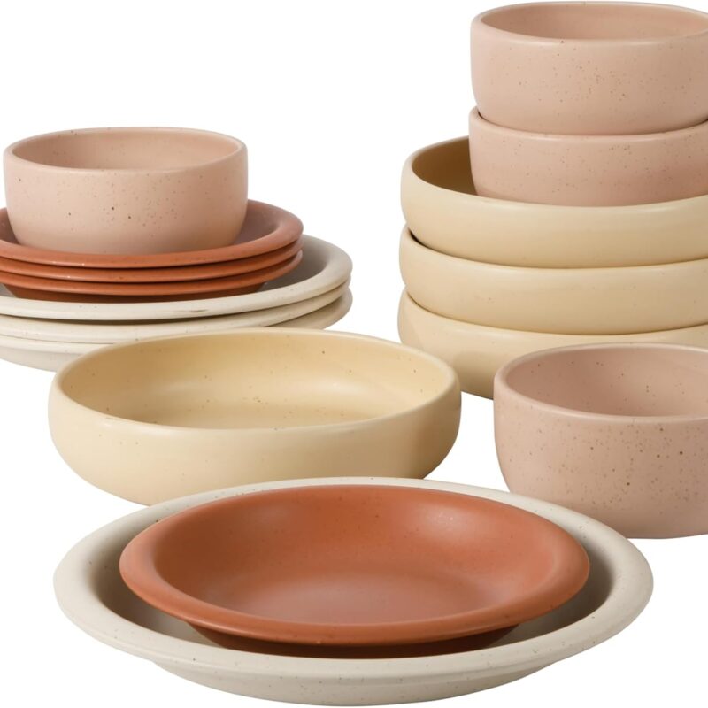 Oprah's Favorite Things - Corsica Clay 16 Piece Stoneware Rustic Reactive Glaze Dinnerware Set - Stackable Plates and Bowls Set. Service for 4 - Matte Assorted Colors