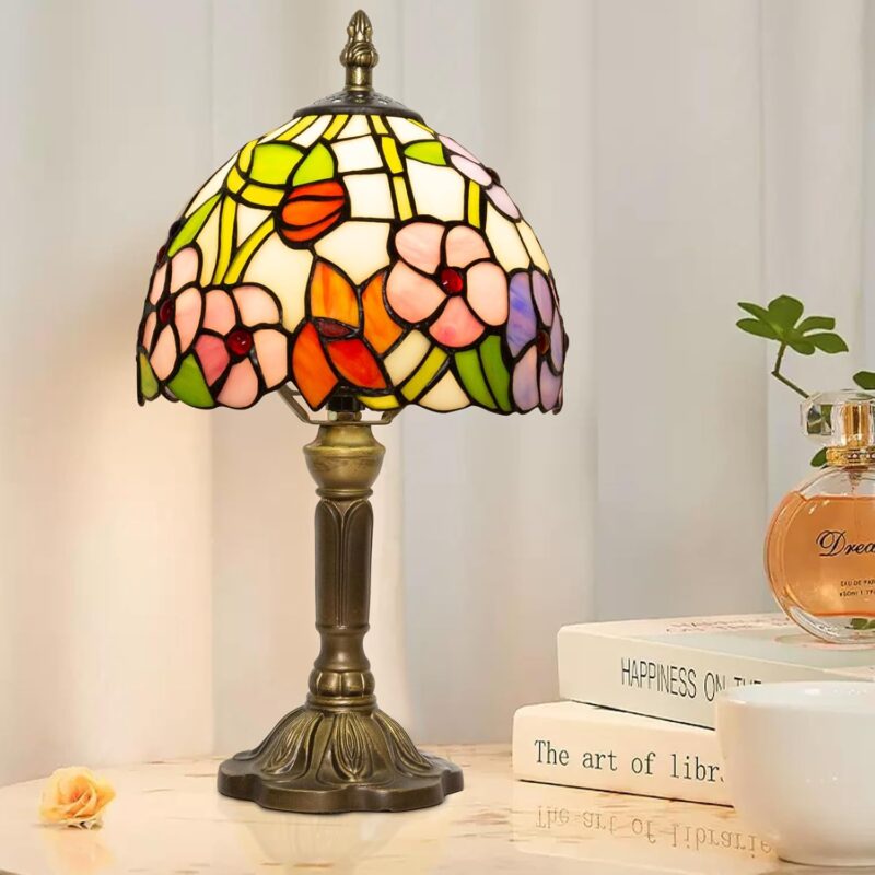 Small Tiffany Table Lamp, 3 Color Temperature, 8 Inch Antique Stained Glass Lamp for Bedroom Living Room Home, Handcrafted Light, Included Bulb (Four Leaf Flower)