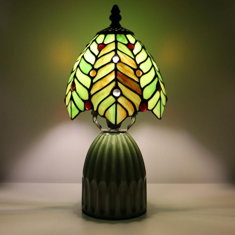 Small Tiffany Mushroom Table Lamp Stained Glass Desk Lamp Ceramic Base Antique Accent Lamp 6X6X12.5 Inch（Brown Green Coconut Leaves）