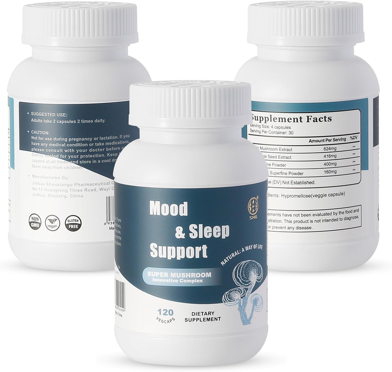 71rGF4E2QXL._AC_SL1500_.jpg SXG Mood & Sleep Support Supplement, Super Mushroom Powder Capsules for Stress Relief, Sleep Aid, Organic Reishi Mushroom Extract, 120 Vegan Caps (30 Servings) - Image 2