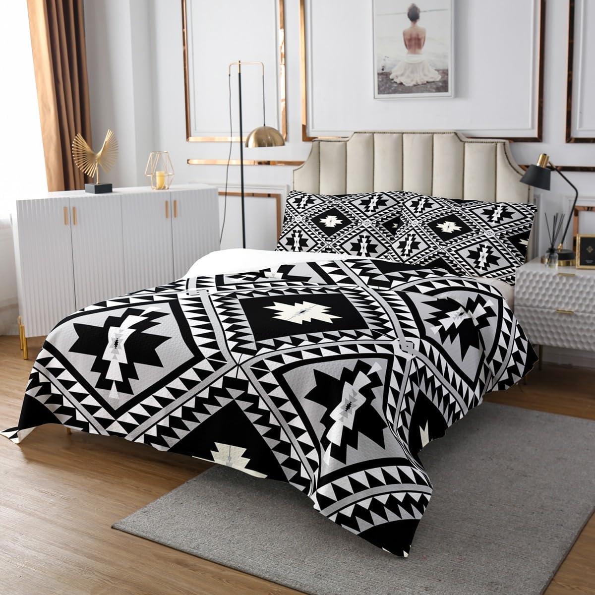 71rjPsorVcL._AC_SL1200_.jpg Erosebridal Rustic Western King Bedspread Set for Men,Southwestern Aztec Quilt Set Kids Boys Bohemian Coverlet Set Ethnic Boho Geometric Diamond Bedding Set Black White Grey Farmhouse Decor - Image 3