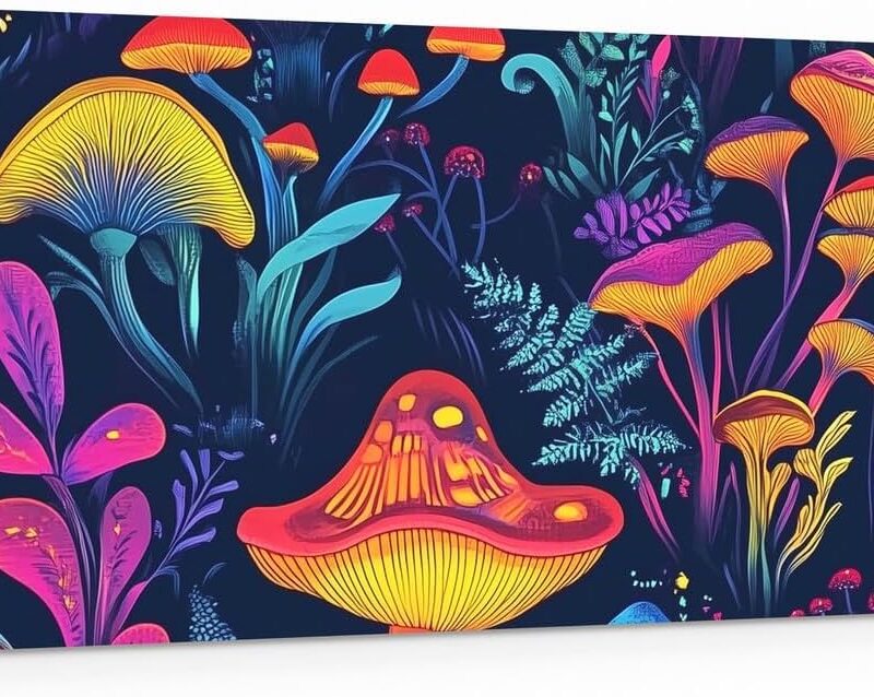 Castle Fairy Mushroom Wall Art 58" Lx29 W,Watercolor Trippy Mushrooms Aesthetic Wall Hangings for Bathroom,Rustic Botanical Canvas Wall Decor Home Artwork