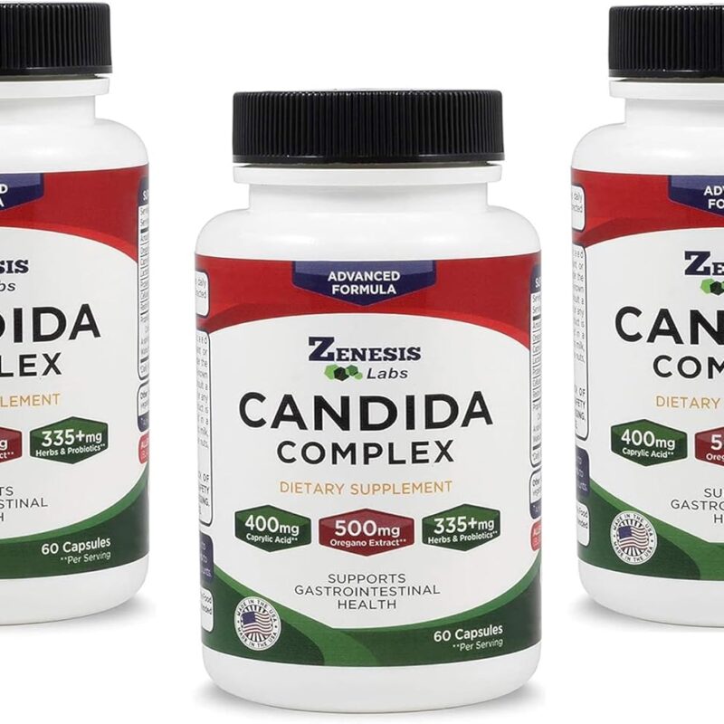 Zenesis Labs Candida Complex Cleanse Detox Caprylic Acid Supplement, Oregano Extract, Probiotics, Enzymes - Bulk 180 Capsules, 90 Day Supply (60 Capsules/Bottle)