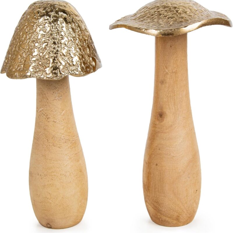 2 Mushroom Figures Autumn Decoration Brown Gold Mushroom Figures Wooden & Metal Autumn Decoration Gift Set 22 cm