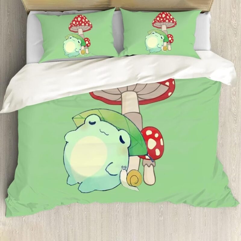 ZFRXIGN Mushroom Bedding Set Queen Size Green Frog Duvet Covers Set 3 Piece Comforter Blanket Cover Decorative Machine Washable Bedspread Coverlet Case Kawaii
