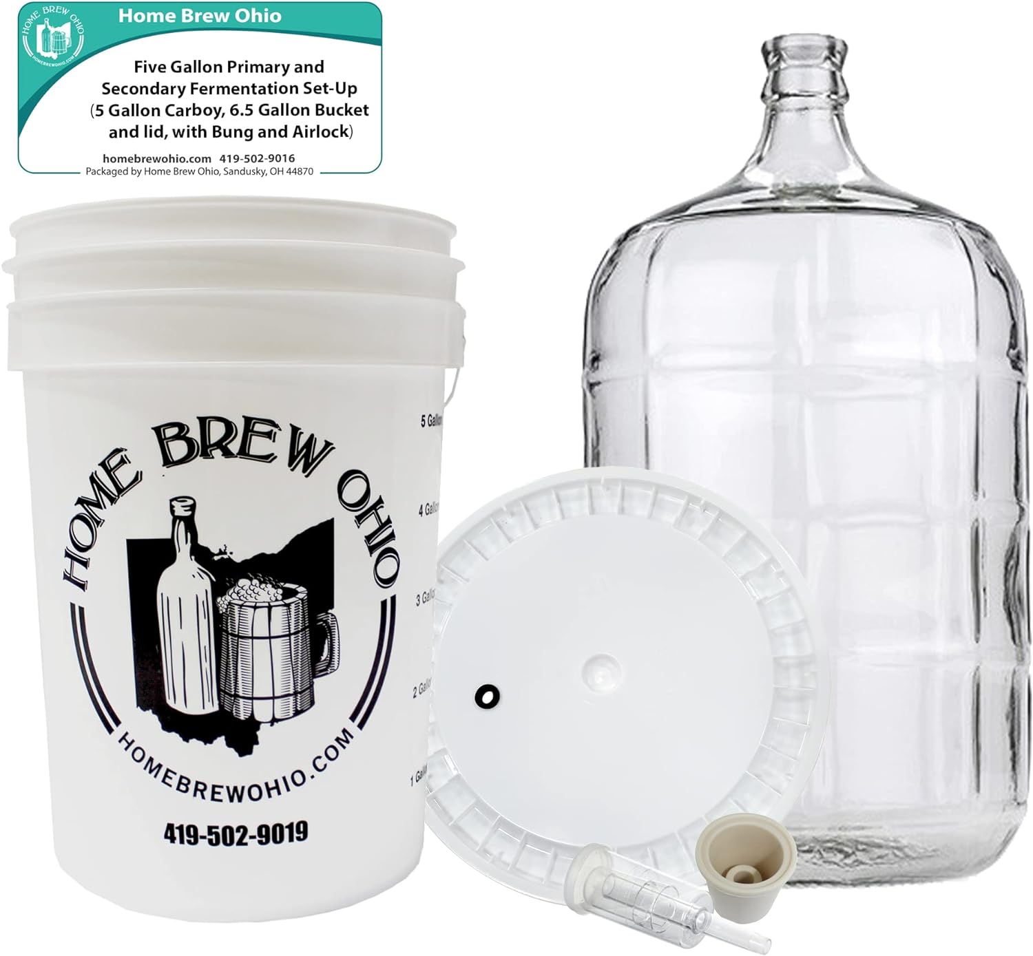 71tgGejFb2L._AC_SL1500_.jpg Home Brew Ohio Five Gallon Primary and Secondary Fermentation Set-Up (5 Gallon Carboy, 6.5 Gallon Bucket and lid, with Bung and Airlock) - Image 2