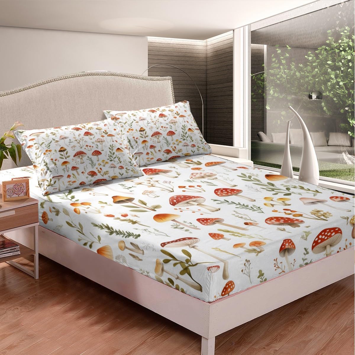 71uCnQZhZWL._AC_SL1200_.jpg Erosebridal Kids Mushroom Fitted Sheet Queen Size,Kawaii Mushroom Bedding Set for Girls Boys Room Decor,Green Leaf Plant Botanical Bed Set Nature Theme Bed Sheets 3Pcs (No Flat Sheet) - Image 2