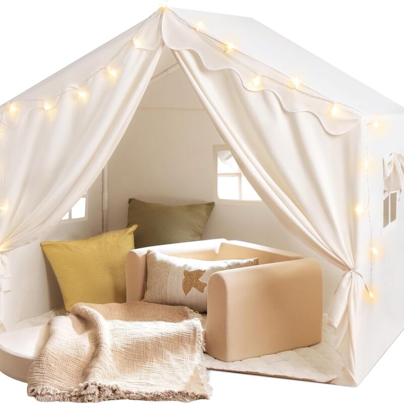 Tiny Land Kids Tent with Mat and Star Lights, Kid Play Tent for Toddlers, 57"x36"x52" Toddler Tents for Girls, Large Reading Tents - Indoor Playhouse for Boys, Modern Large Bed Tent for Room