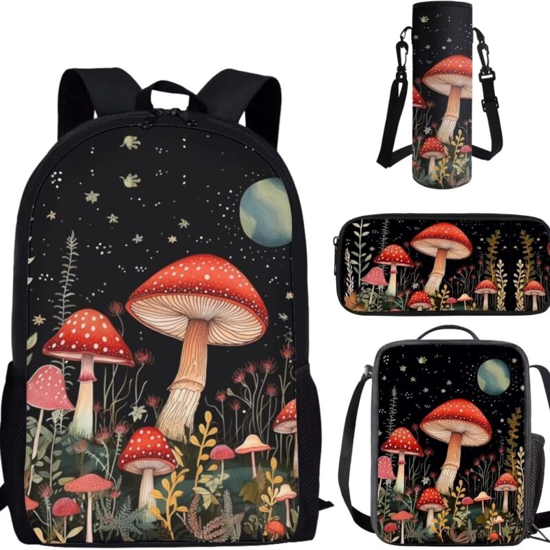 Showudesigns Mushroom Bookbag and Lunch Box for Girls 6-8/8-12 Kids Backpack Moon Night Lunch Bag Water Bottle Holder Pencil Case Book Bag for School Girls 4th Grade/5th Grade/6th Grade