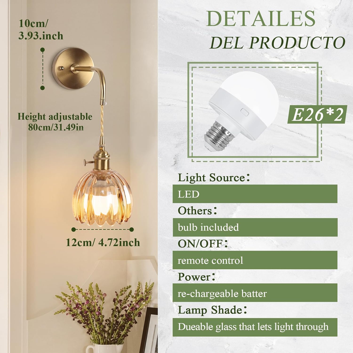 71uTrEZ24VL._AC_SL1500_.jpg Vintage Battery Operated Wall Sconces Sets Of Two,Indoor not Hardwired Amber Tulip Glass Lampshade Fixtures,Rechargeable Wireless RGB Wall Lights with Dimmable Remote Control,for Bedroom Living Room - Image 3