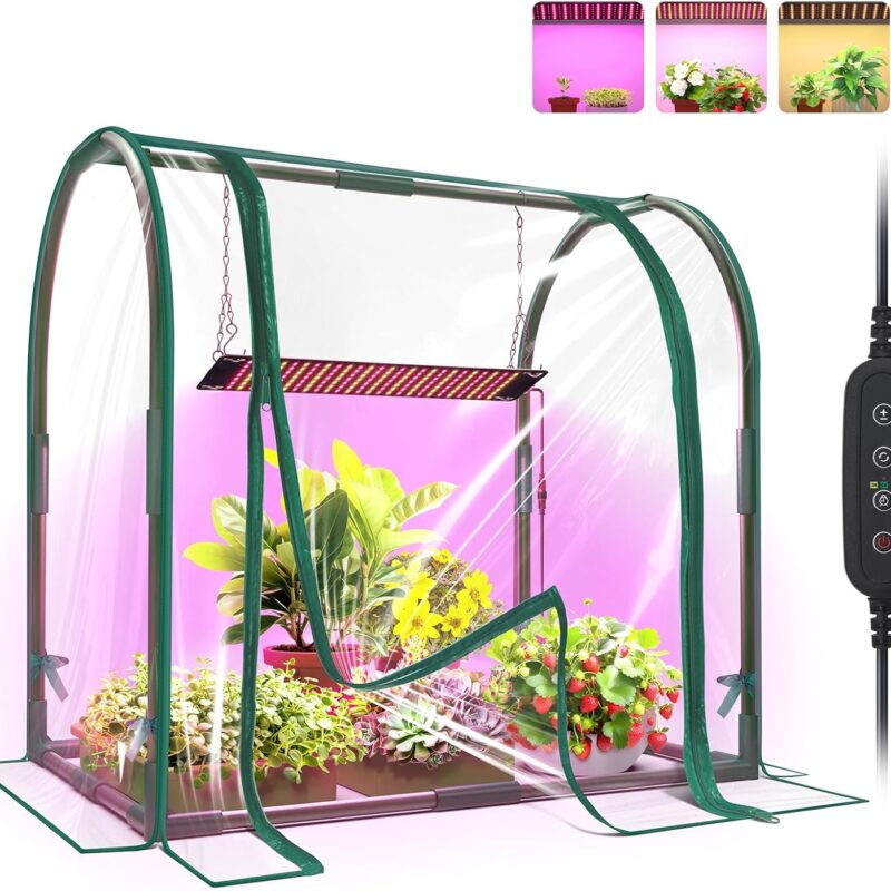 Mini Indoor Greenhouse with Grow Lights, 27.2"L X 19.9"W X 27.2"H Desktop Small Greenhouse with Zippered Door and PVC Cover for Seed Starting, 1.6FT 18W Plant Light for Indoor Plants with Timer