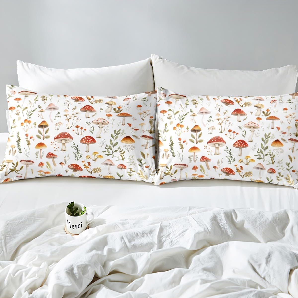 71urTbYFnL._AC_SL1200_.jpg Erosebridal Kids Mushroom Fitted Sheet Queen Size,Kawaii Mushroom Bedding Set for Girls Boys Room Decor,Green Leaf Plant Botanical Bed Set Nature Theme Bed Sheets 3Pcs (No Flat Sheet) - Image 5