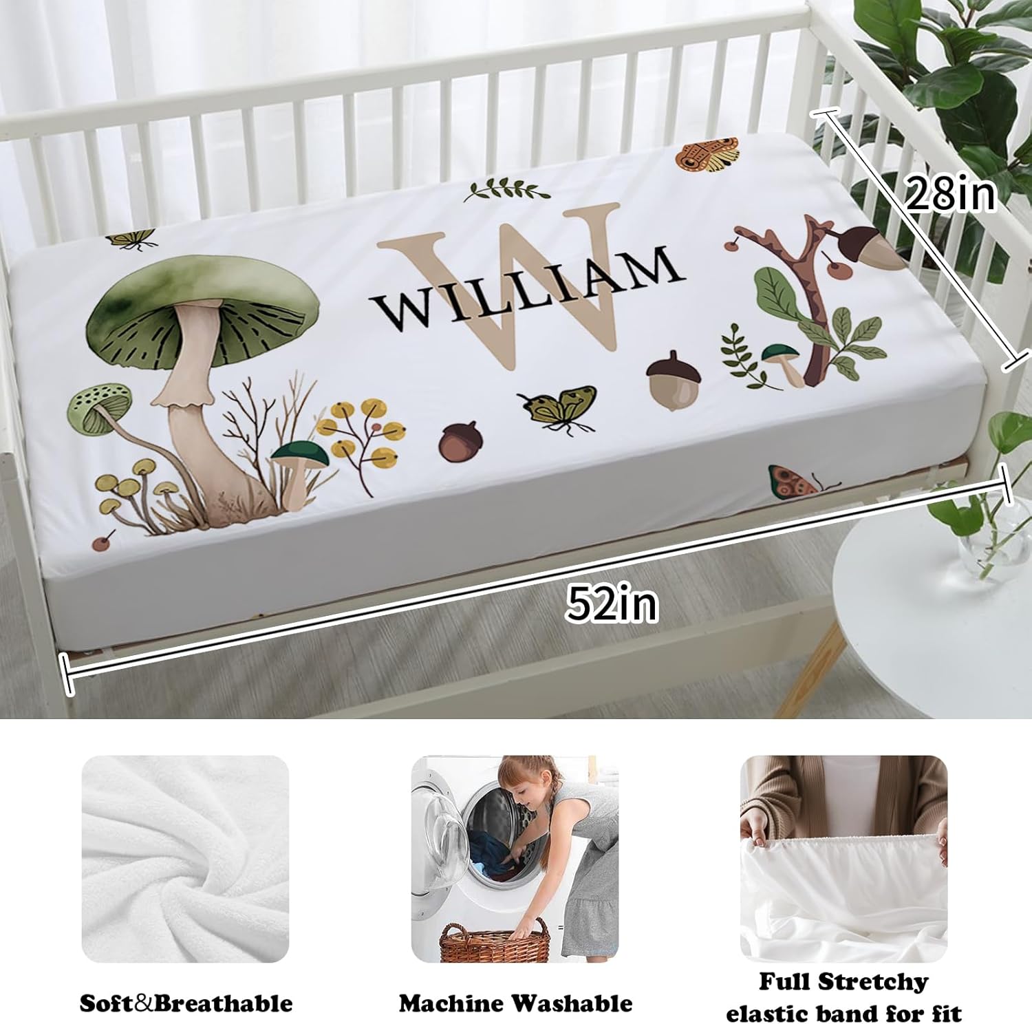 71vKM8UR7EL._AC_SL1500_.jpg Personalized Baby Crib Bedding Set: Nursery 4 Piece Crib Set with Custom Baby Name - Mushroom Pattern Bedding Set for Baby Boys Girls - Soft Chic Blanket and Fitted Crib Sheet for Newborns - Image 7