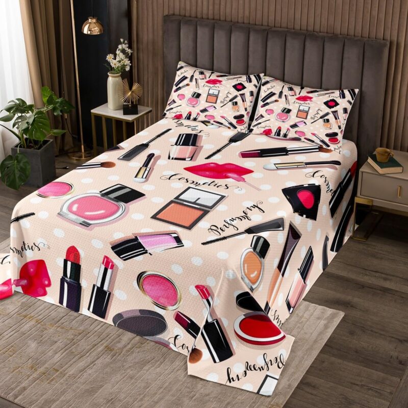 Makeup Cosmetic Bedspread Twin Size For Kids Girls Women, Perfume Lipstick Quilted Coverlet, Modern Fashion Quilt Eye Shadow Perfume Coverlet Set, Soft Microfiber Home Decor Quilted Coverlet
